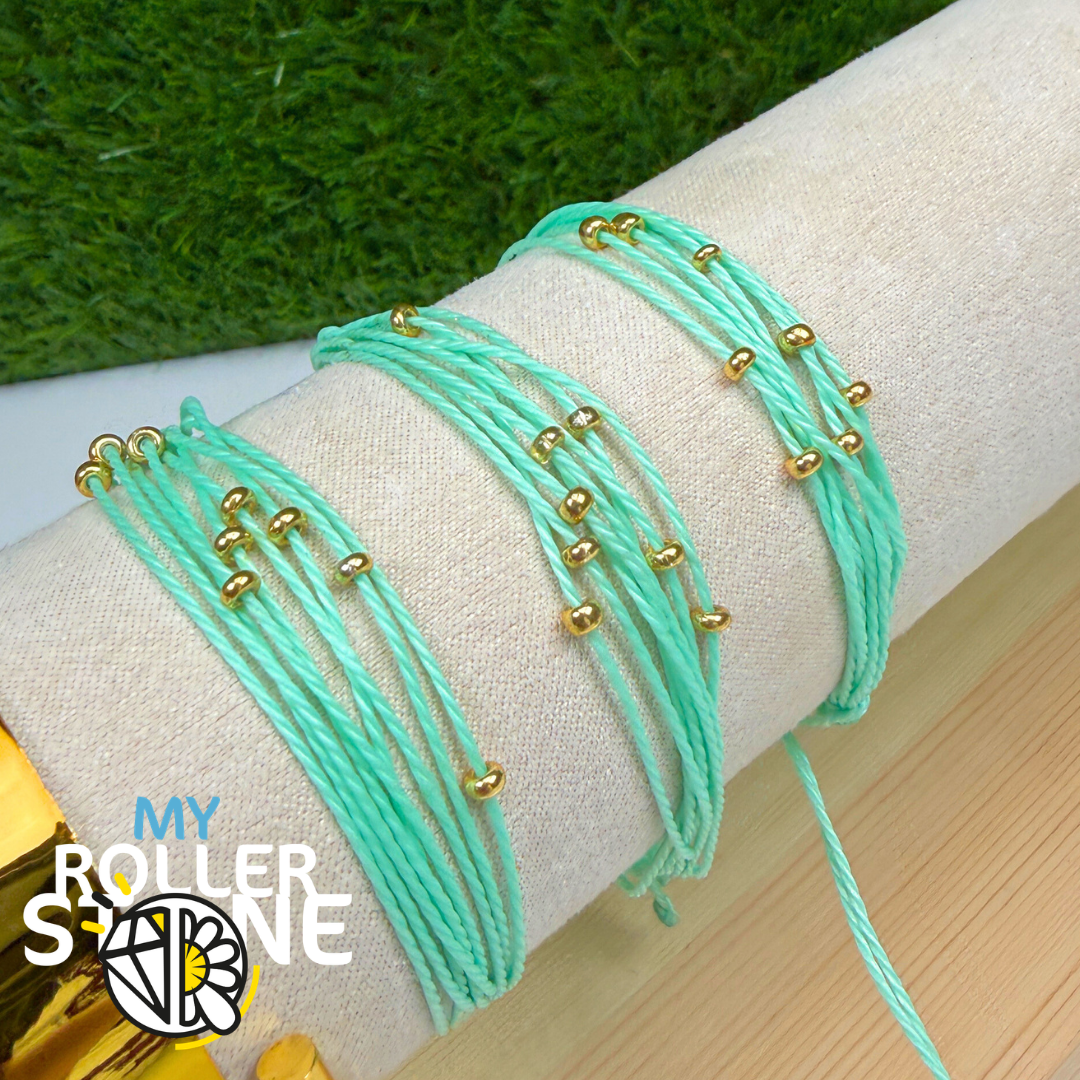 Bracelet Cordon Ciré Vert avec Perles