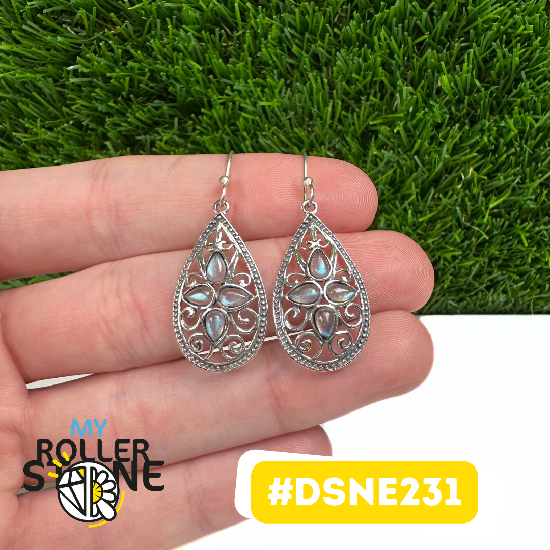 Boucles D'Oreilles Design Goutte Filigranée Labradorite en Argent 925 #DSNE231