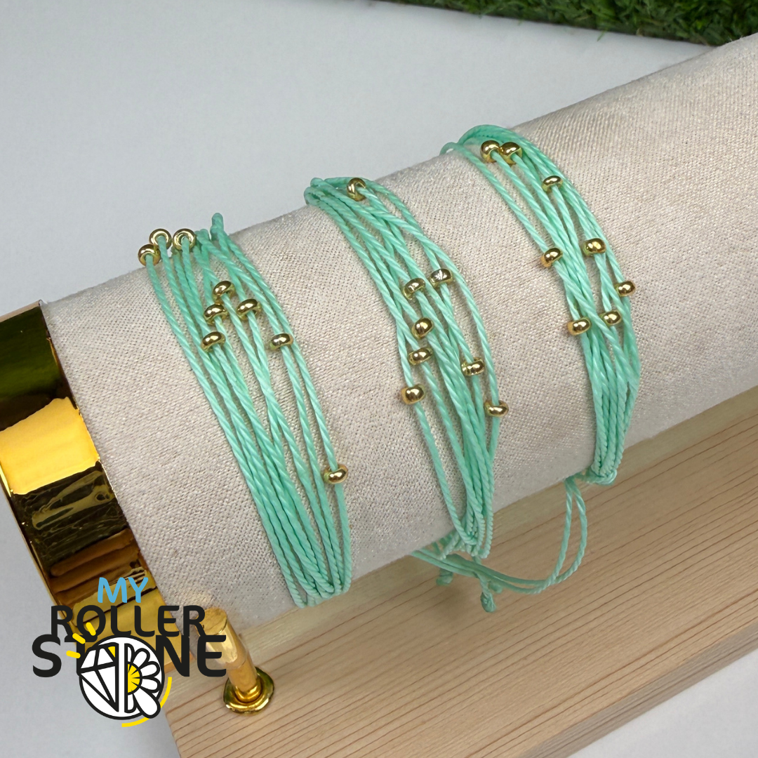 Bracelet Cordon Ciré Vert avec Perles