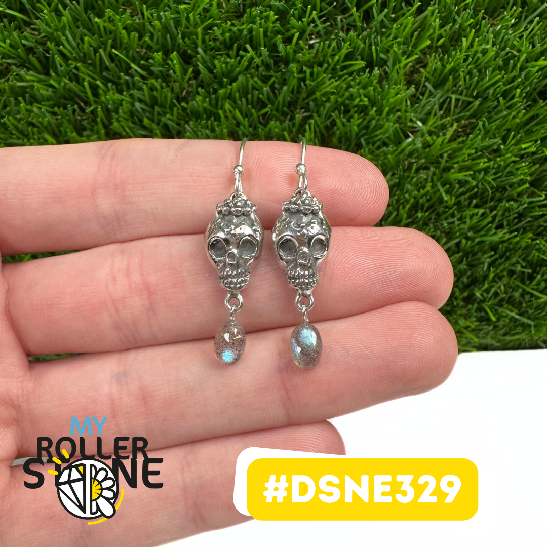 Boucles D'Oreilles Design Tête De Mort Labradorite en Argent 925 #DSNE329