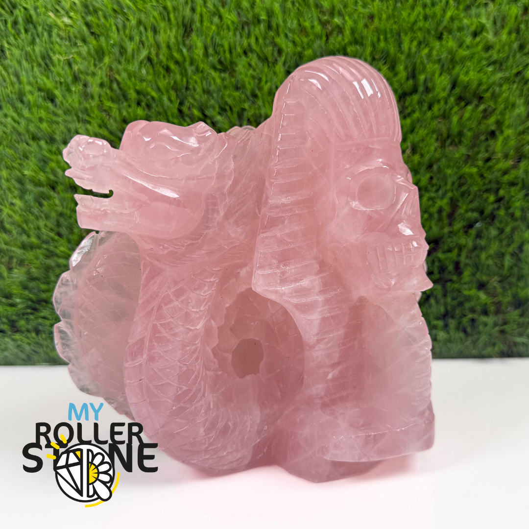 Sculpture en Quartz rose Tete de Pharaon et Dragon