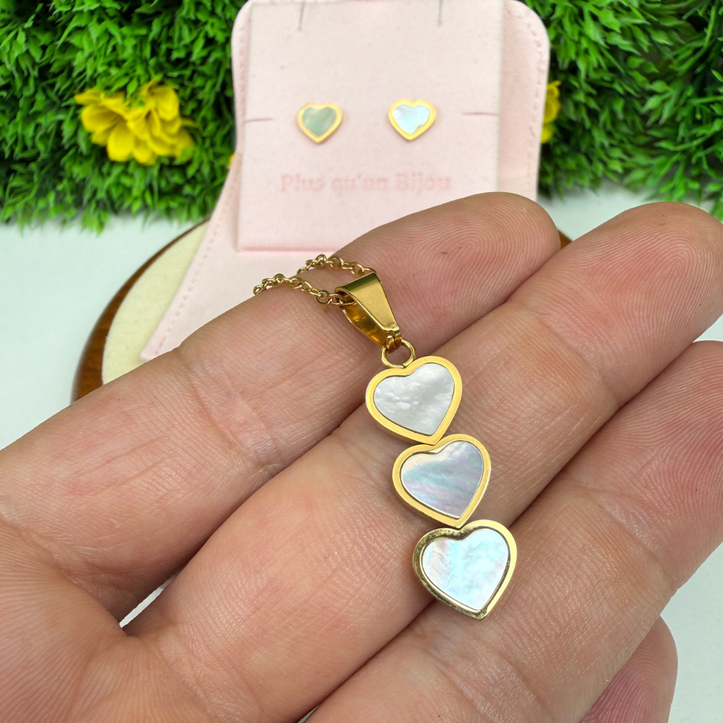 Collier Coeur et Nacre en Acier inoxydable avec Boucles d'oreilles