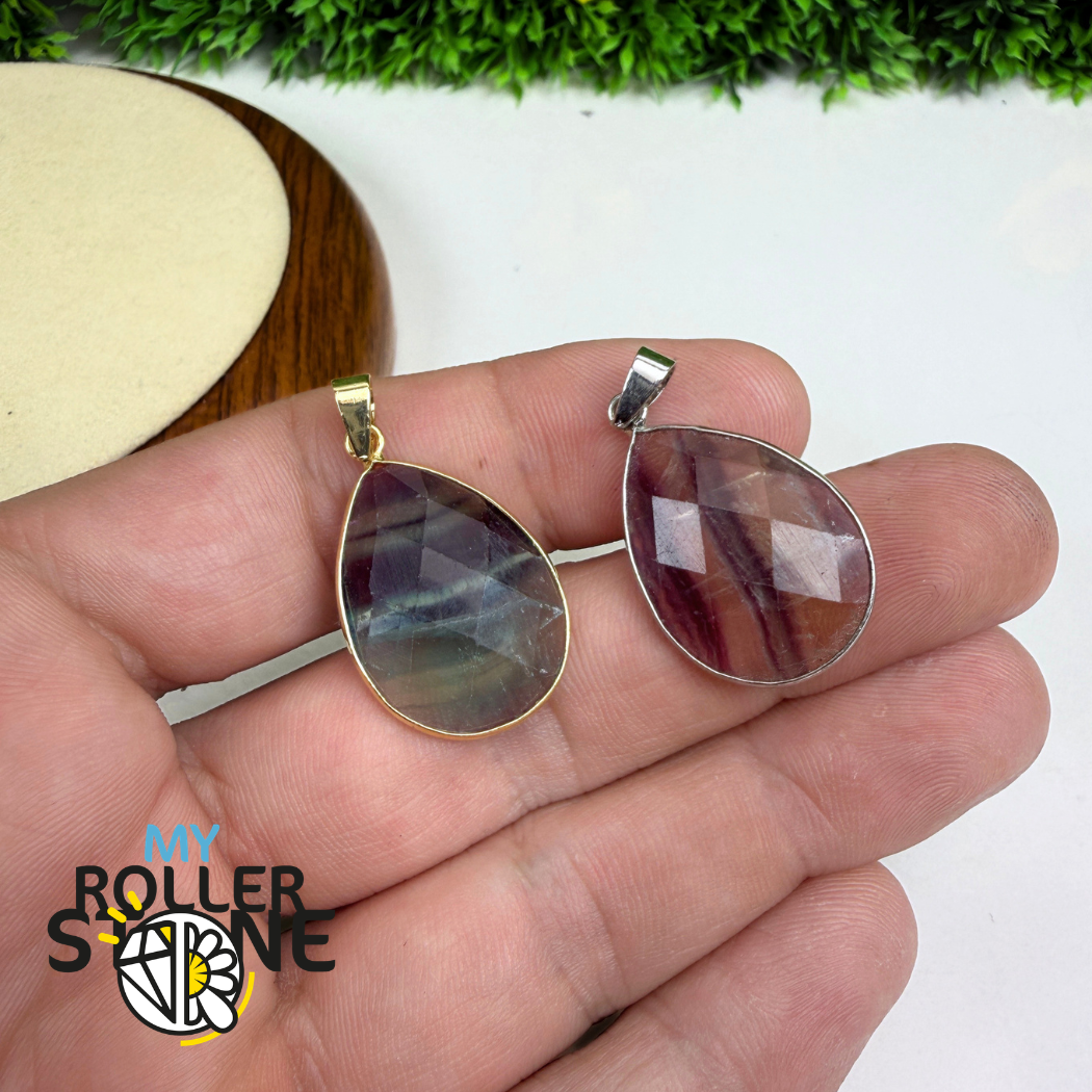 Pendentif Goutte Facettée Fluorite Arc-en-Ciel Serti Doré ou Argenté