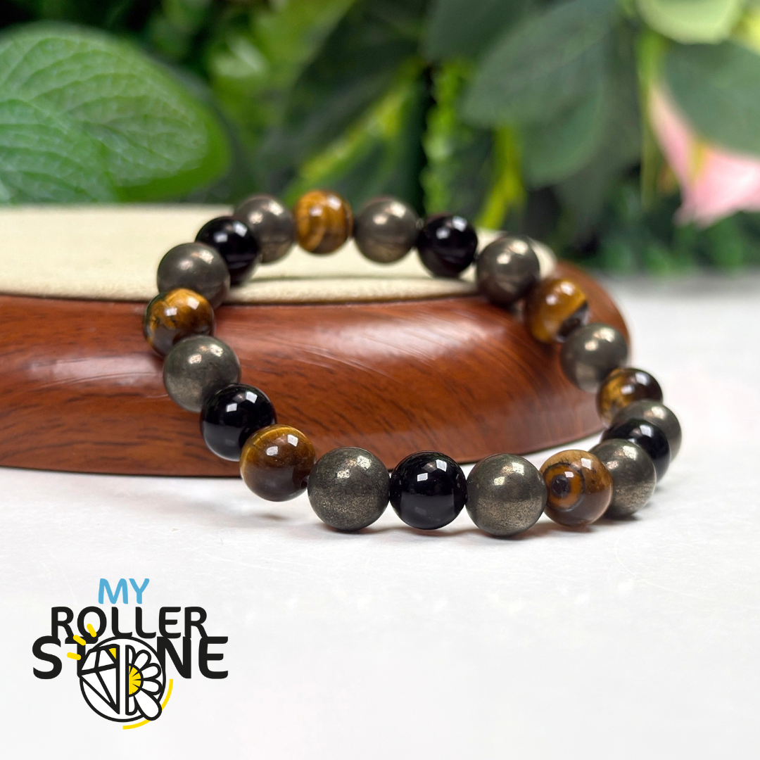 Bracelet Chemin de Vie 8 – Pyrite, Œil de tigre & Obsidienne noire