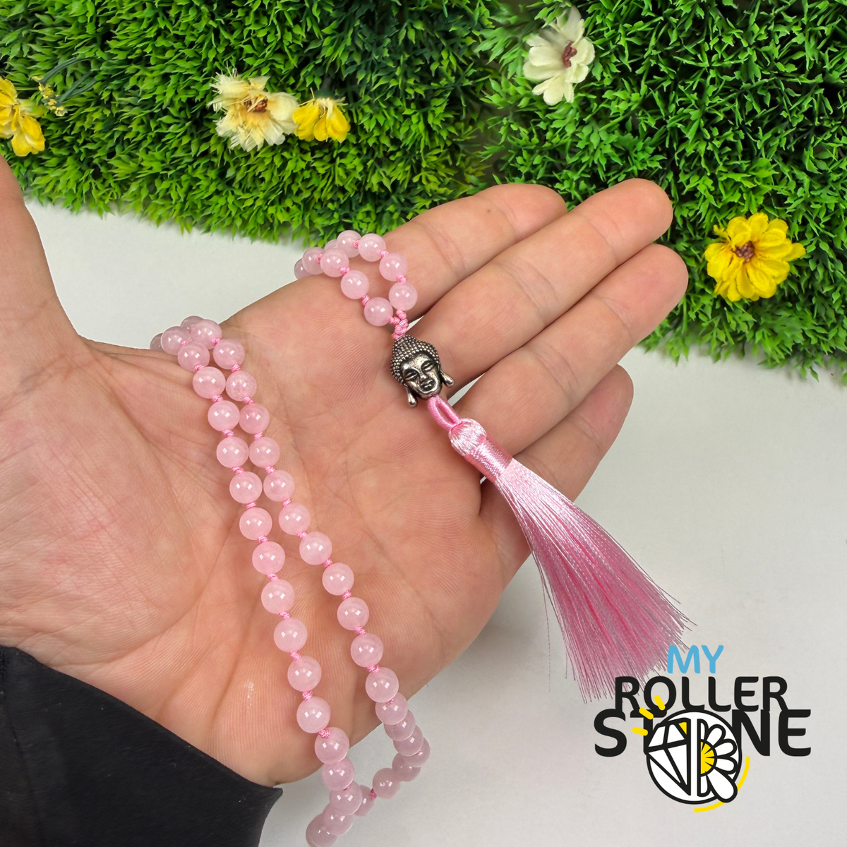 Collier Mala Quartz Rose Naturel – Tête de Bouddha – Pompon