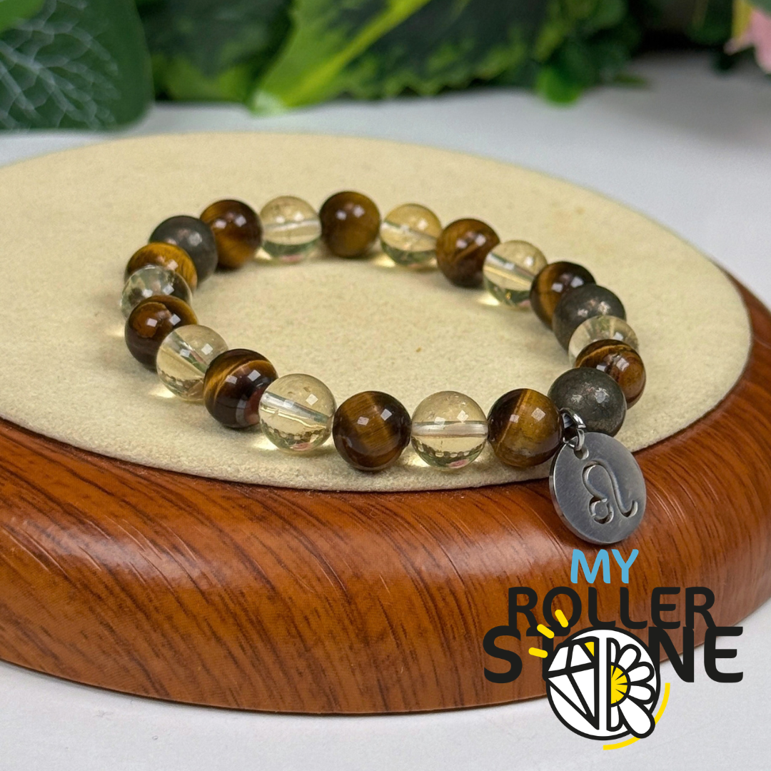 Bracelet Signe Lunaire Lion – Œil de tigre, Citrine & Pyrite