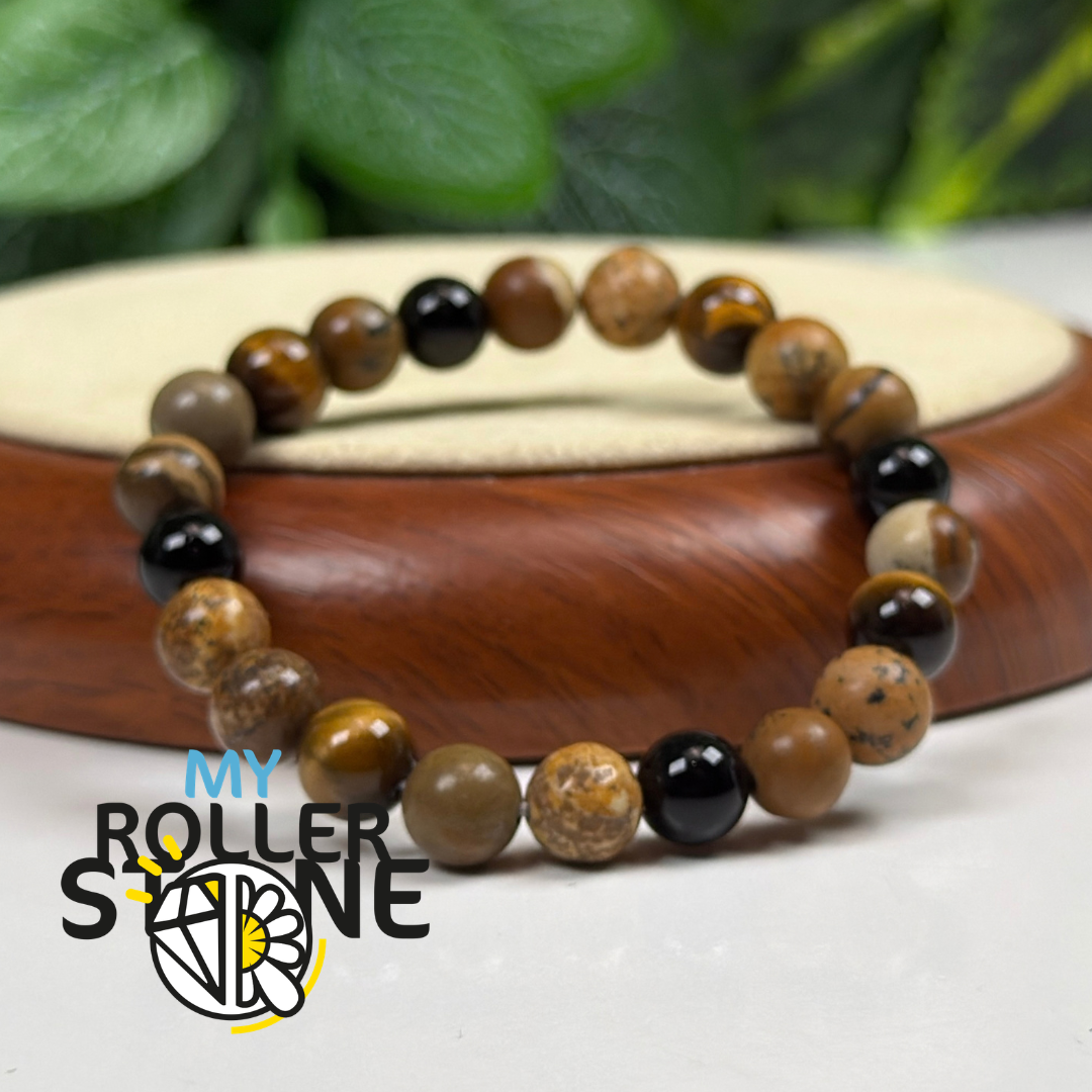 Bracelet Chemin de Vie 4 – Jaspe paysage, Œil de tigre & Onyx noir