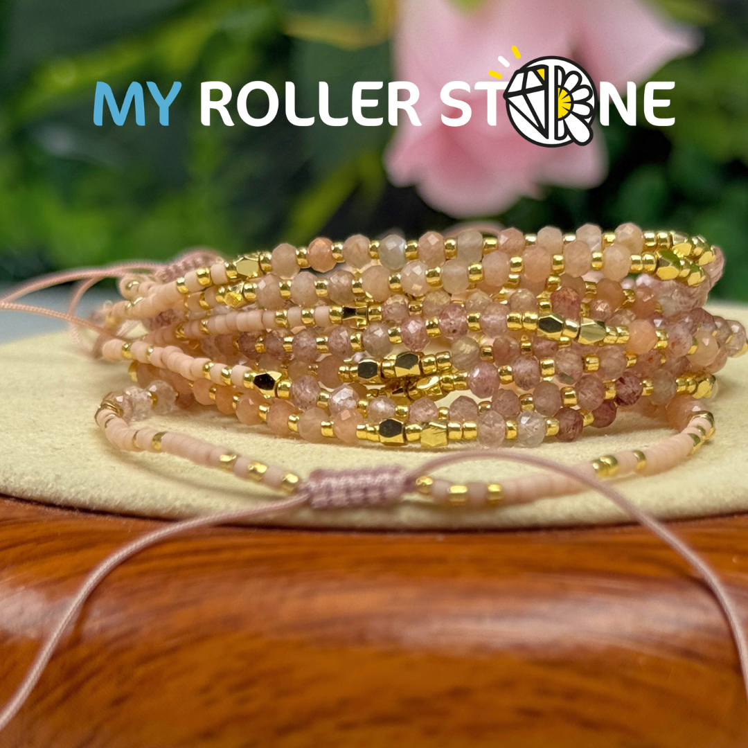 Bracelet réglable Pierre du soleil et Quartz fraise