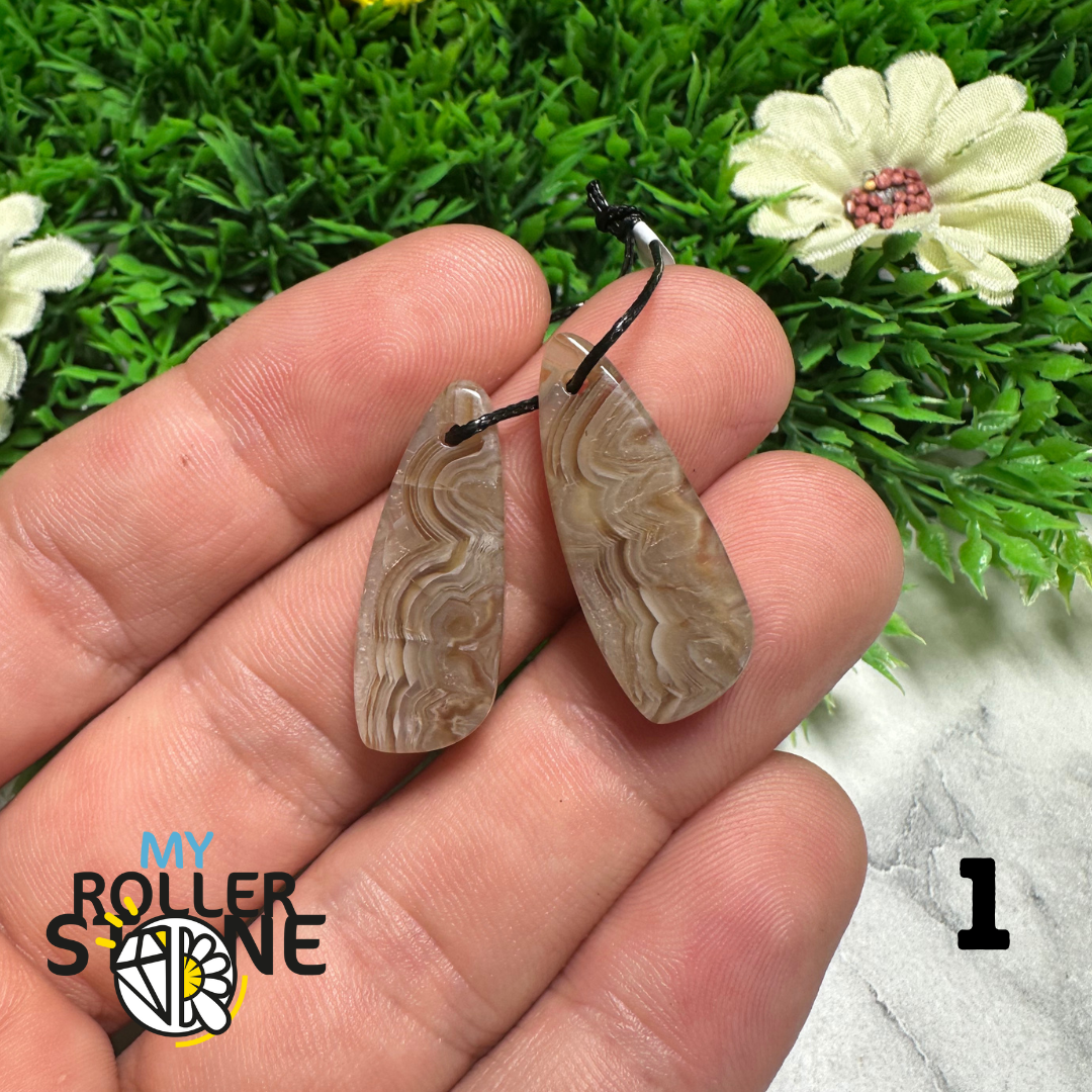 Paire de Cabochons percées Agate Mexicaine goute ovalisé