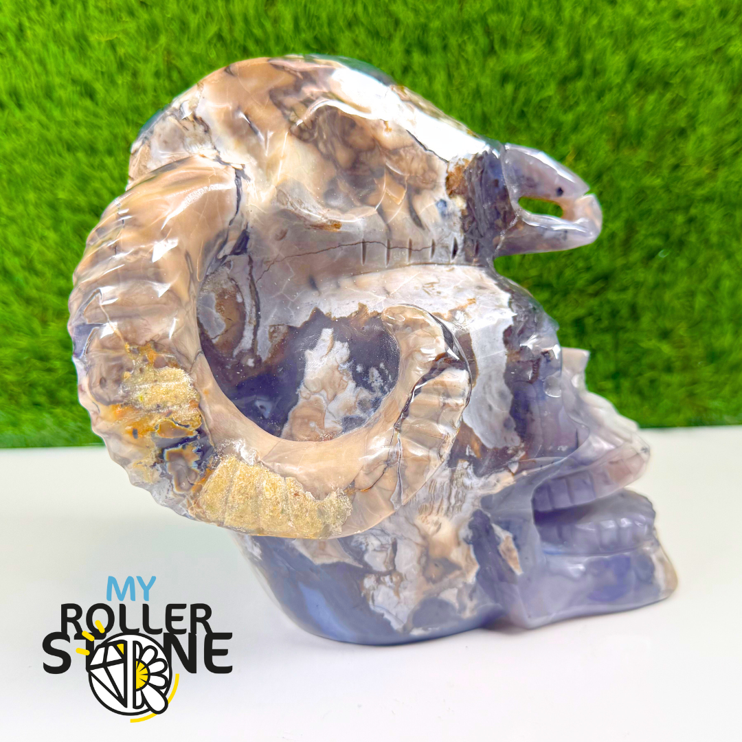 Sculpture en Agate Volcanique en forme de Crane et corne de Bouc