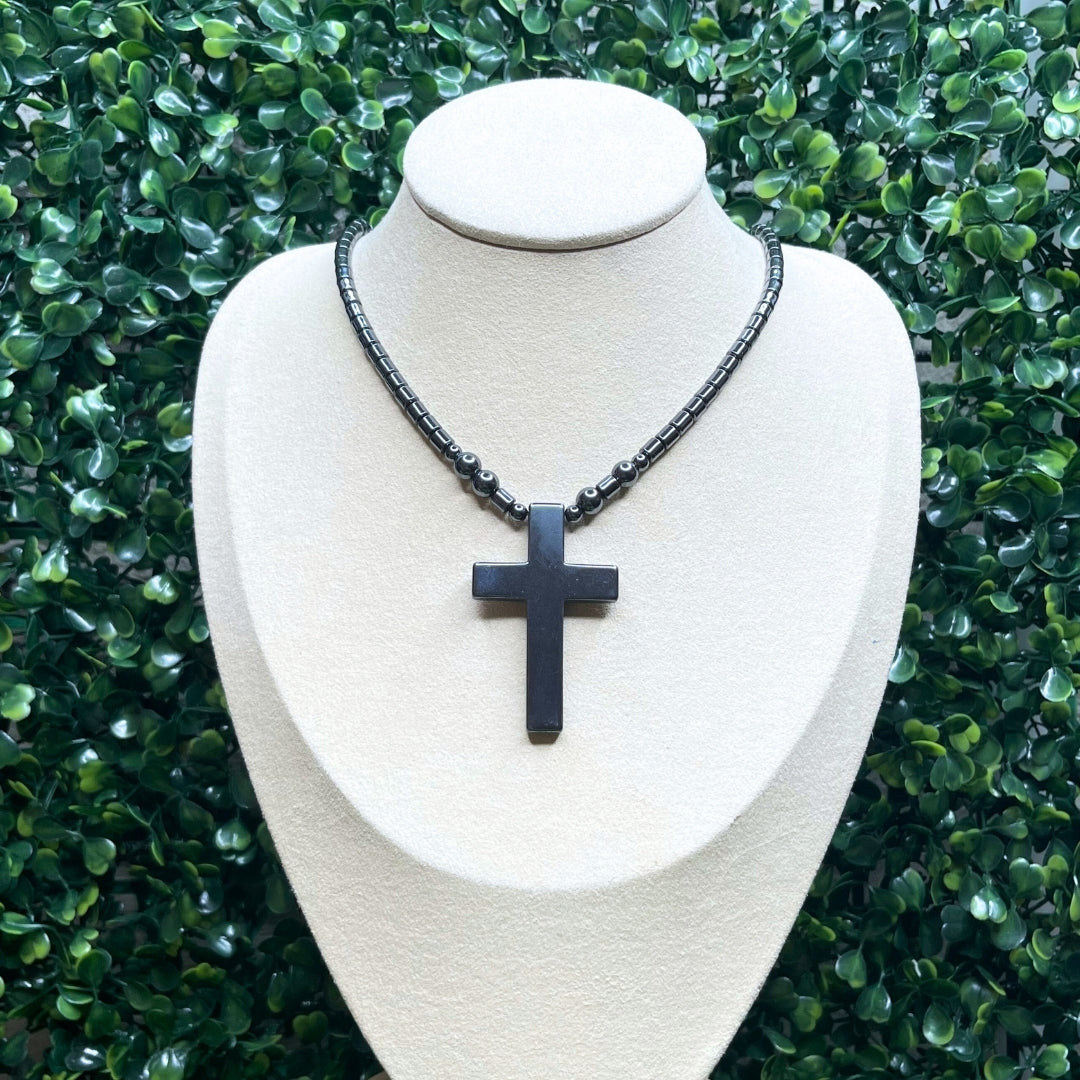 Collier Hématite Grande Croix Simple