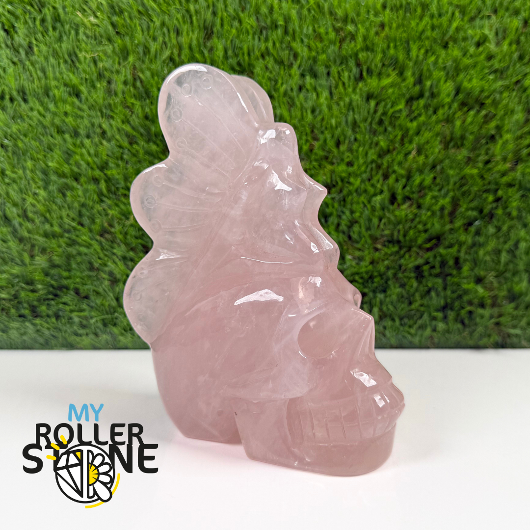 Sculpture en Crâne et Ange en Quartz rose