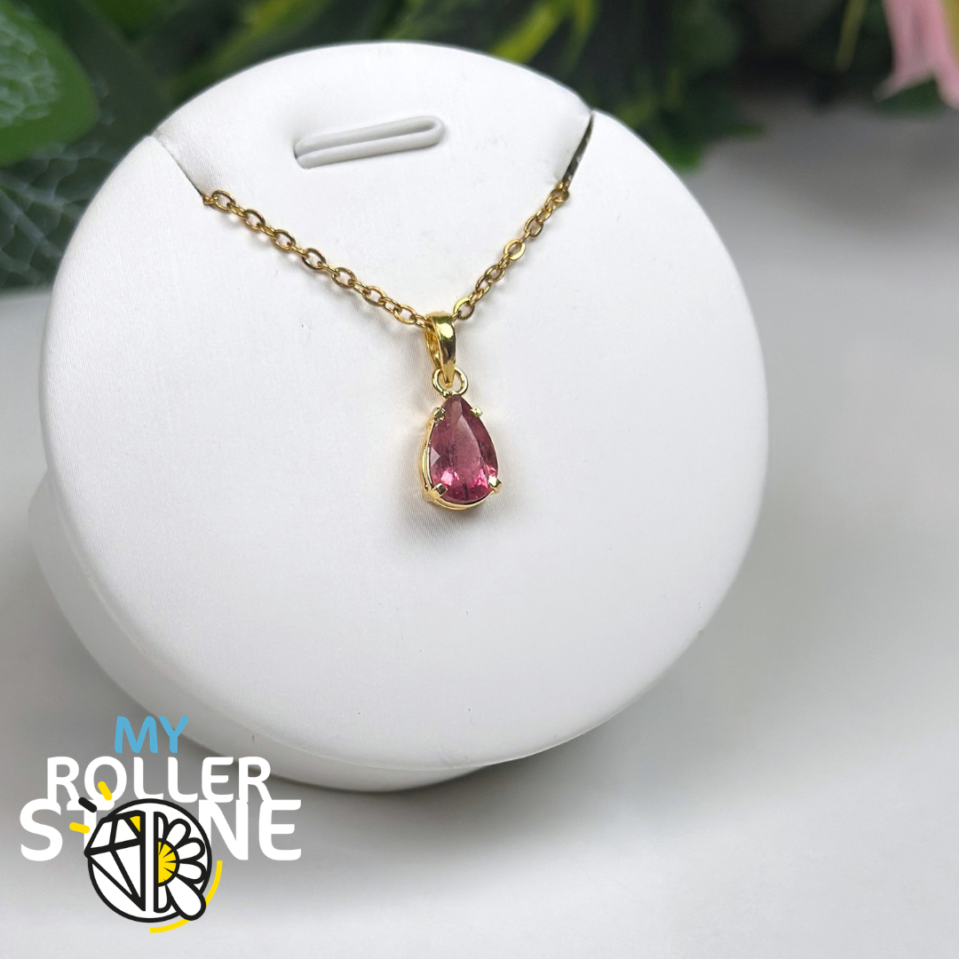Pendentif en Tourmaline Rose et Argent 925 Plaqué Or