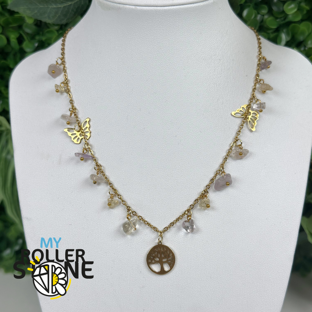 Collier Arbre de Vie en Amétrine Naturelle et Acier Inoxydable 304 Doré