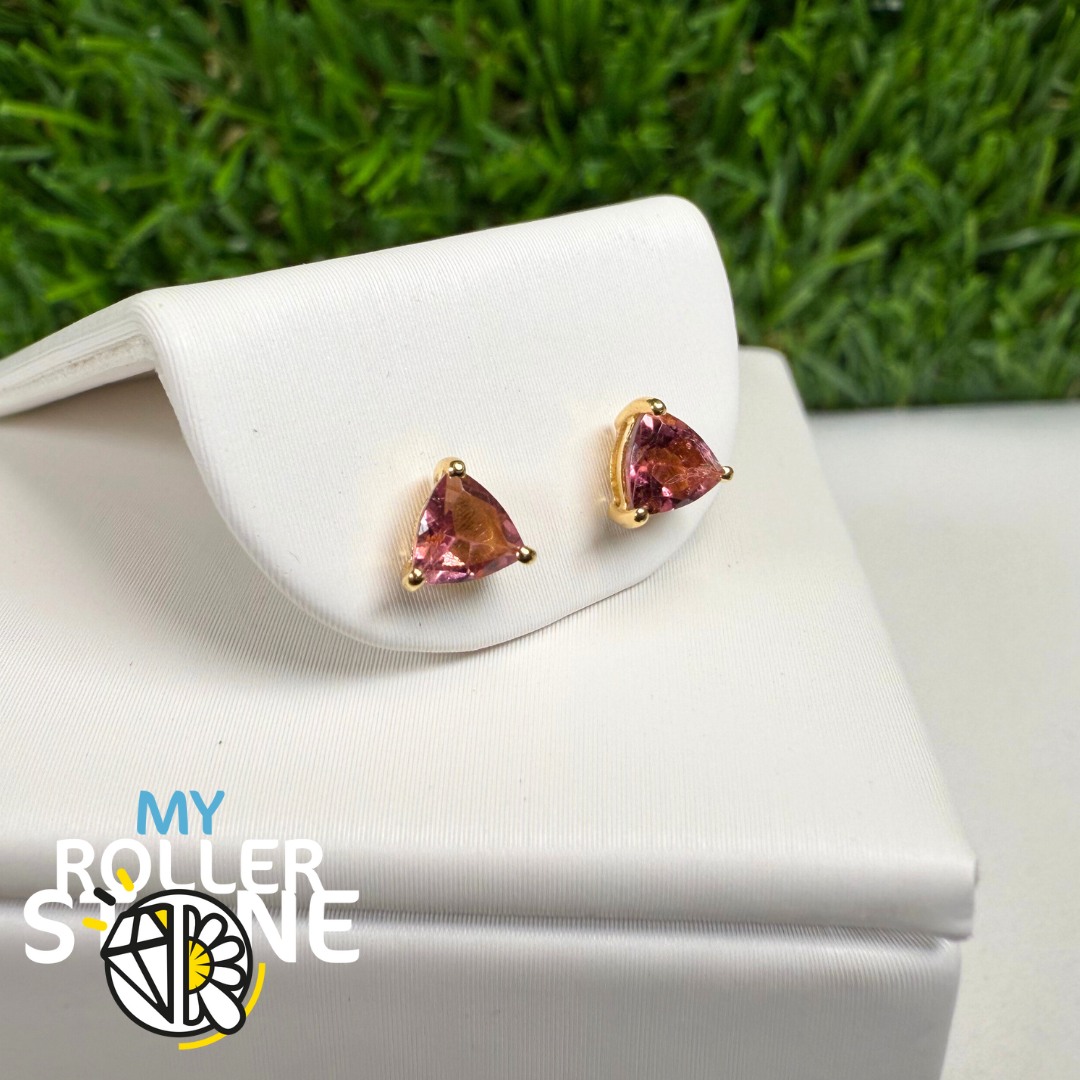 Boucles d’oreilles en Tourmaline rose taille Trillon avec argent plaqué or 18K (SBC104G)
