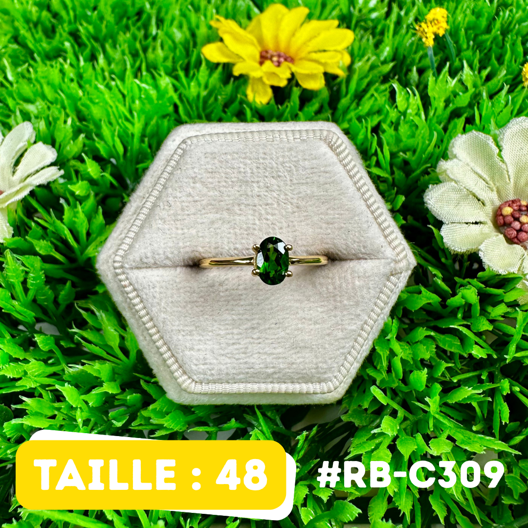 Bague Diopside Argent 925 Plaqué Or 18K Ronde (5 Tailles) (RB-C309)