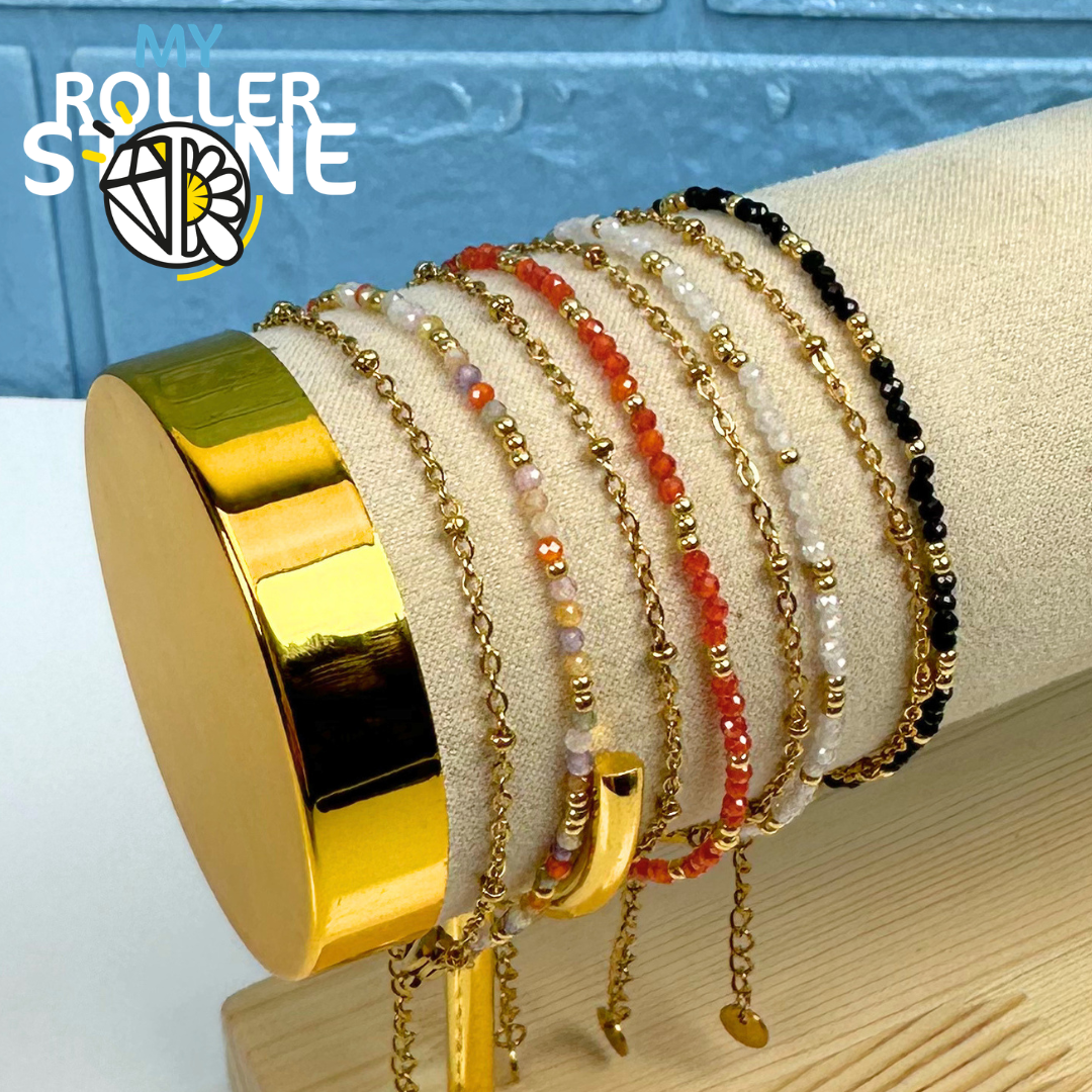Bracelet Doubles Rangs Acier Inoxydable & Pierres Naturelles