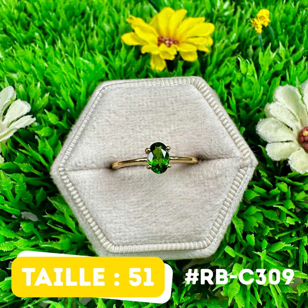 Bague Diopside Argent 925 Plaqué Or 18K Ronde (5 Tailles) (RB-C309)
