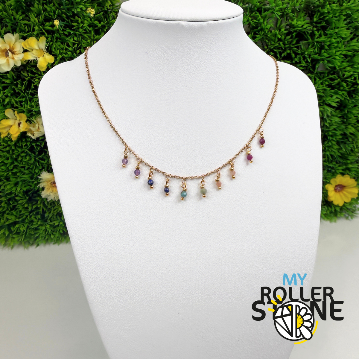 Collier Multi-Pierres Naturelles Facettées – Améthyste, Rubis, Pierre de Soleil & Jaspe ... – Acier Inoxydable Doré