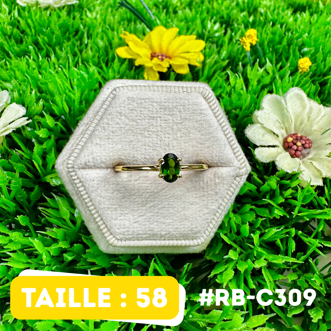 Bague Diopside Argent 925 Plaqué Or 18K Ronde (5 Tailles) (RB-C309)