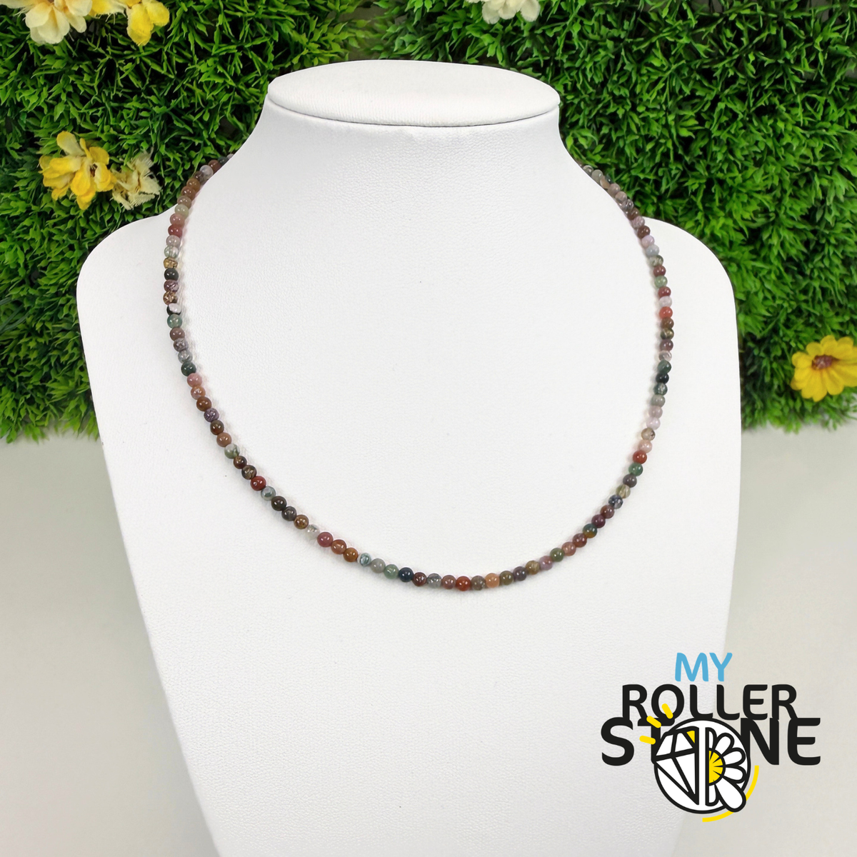 Collier Agate Indienne Naturelle – Perles Fines – Acier Inoxydable Doré