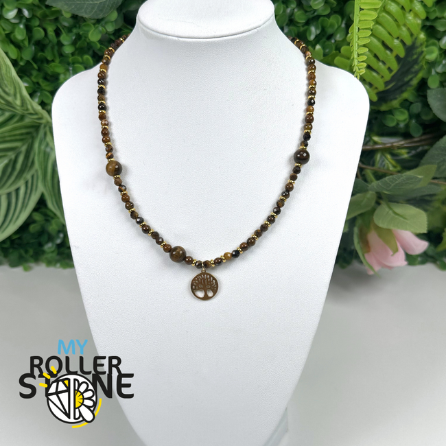 Collier Arbre de Vie en Œil de Tigre Naturel et Acier Inoxydable 304 Doré