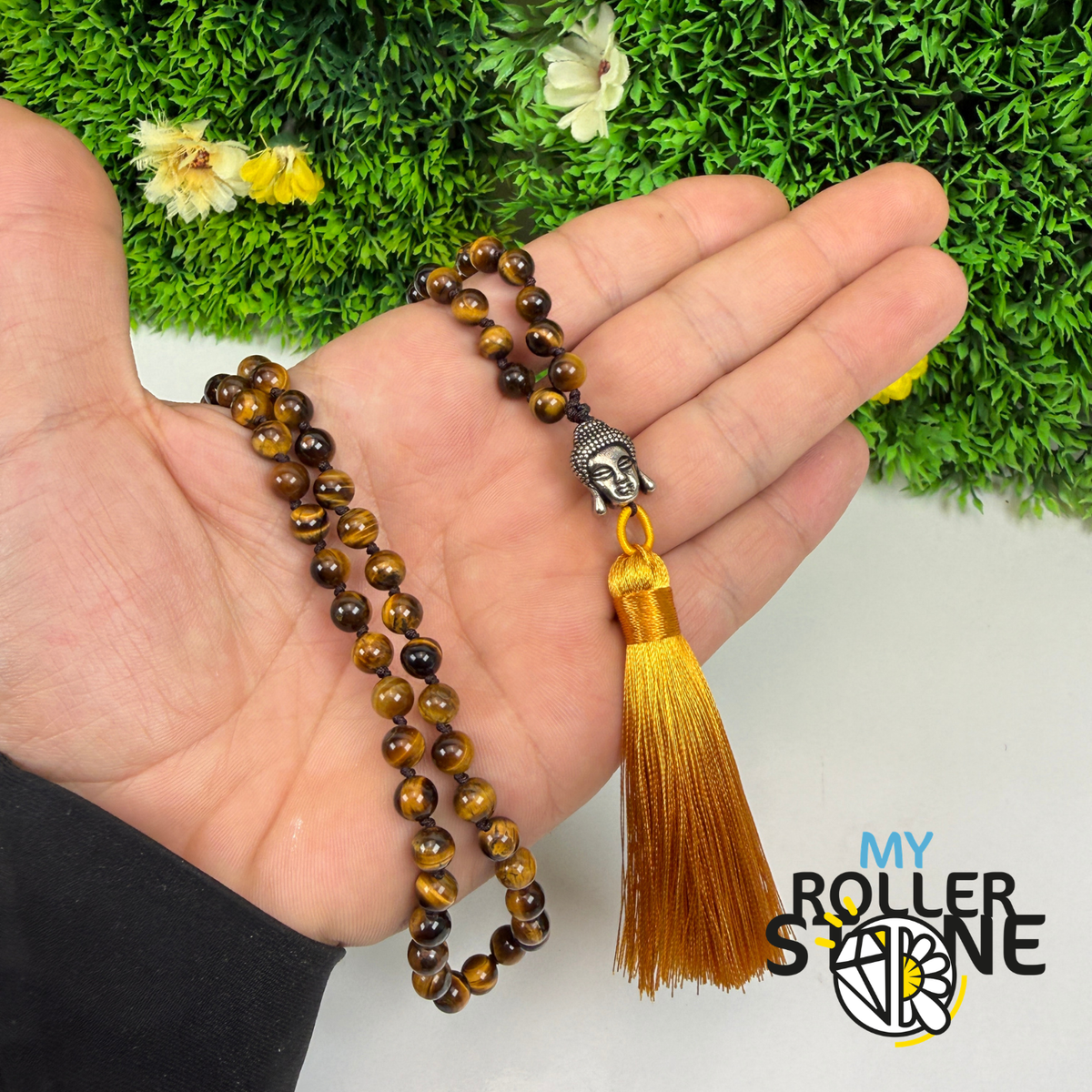 Collier Mala Œil de Tigre Naturel – Tête de Bouddha – Pompon