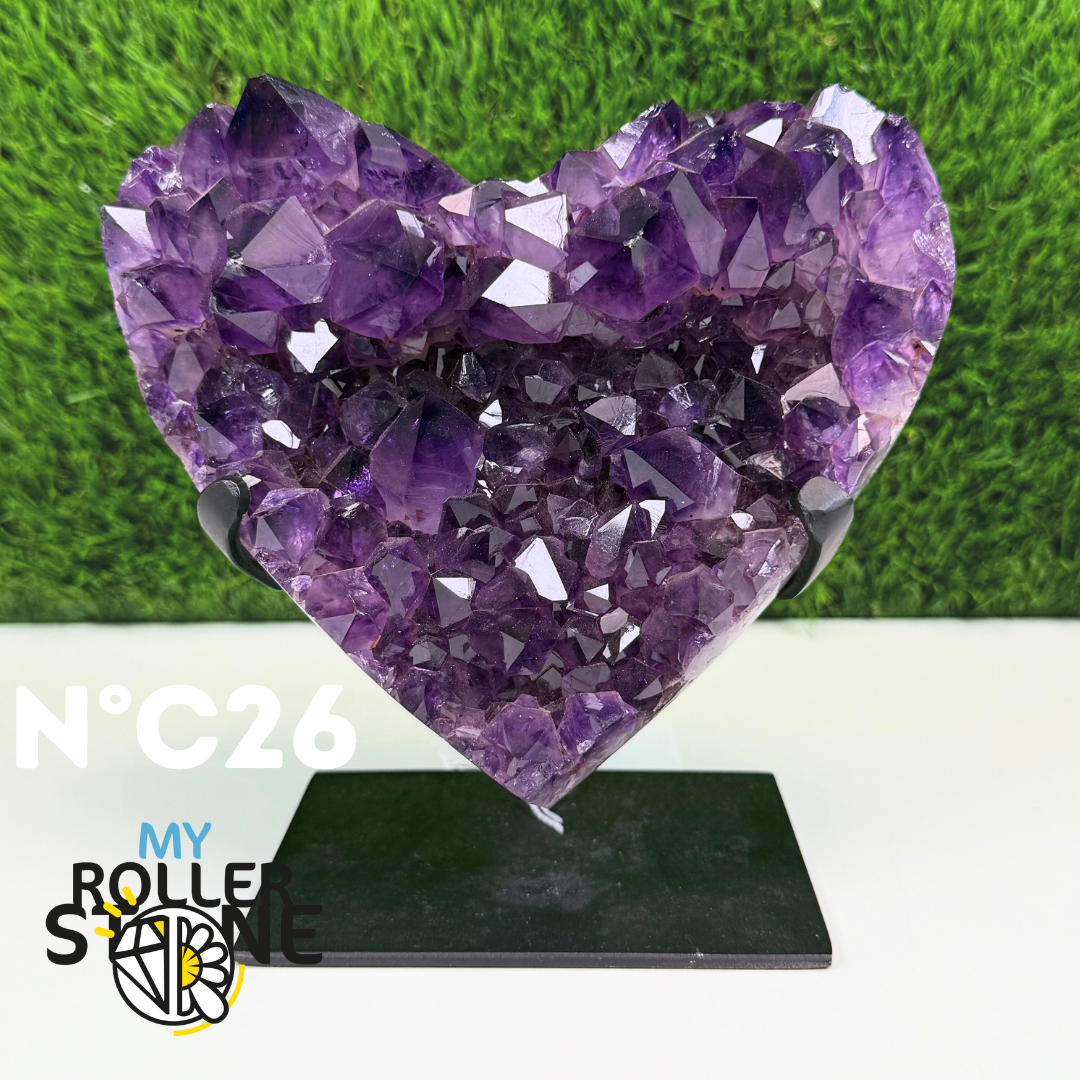 Coeur Améthyste sur support métal noir #C26