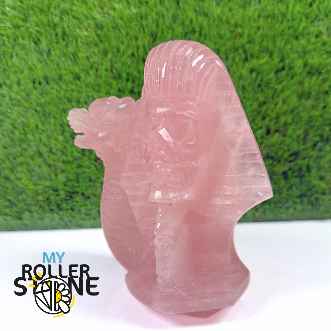 Sculpture en Quartz rose Tete de Pharaon et Dragon