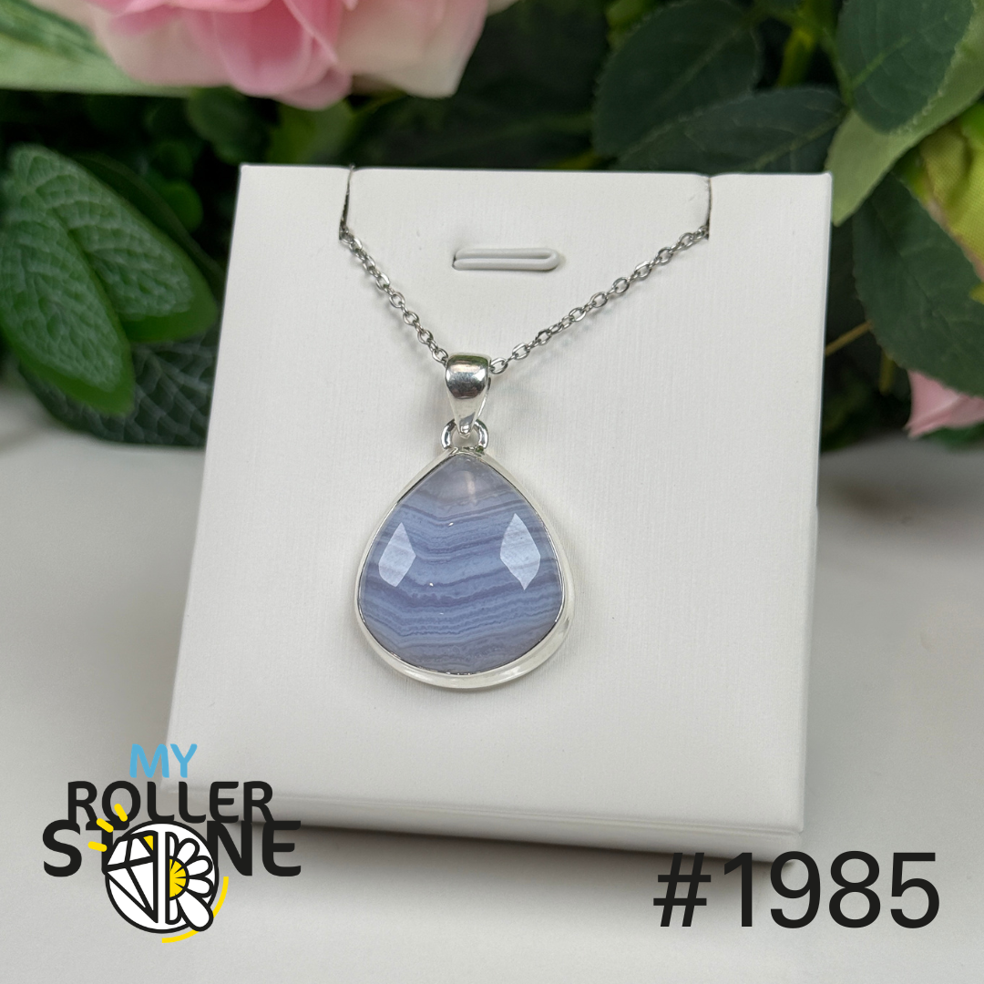 Pendentif argent agate dentelle bleue #1985