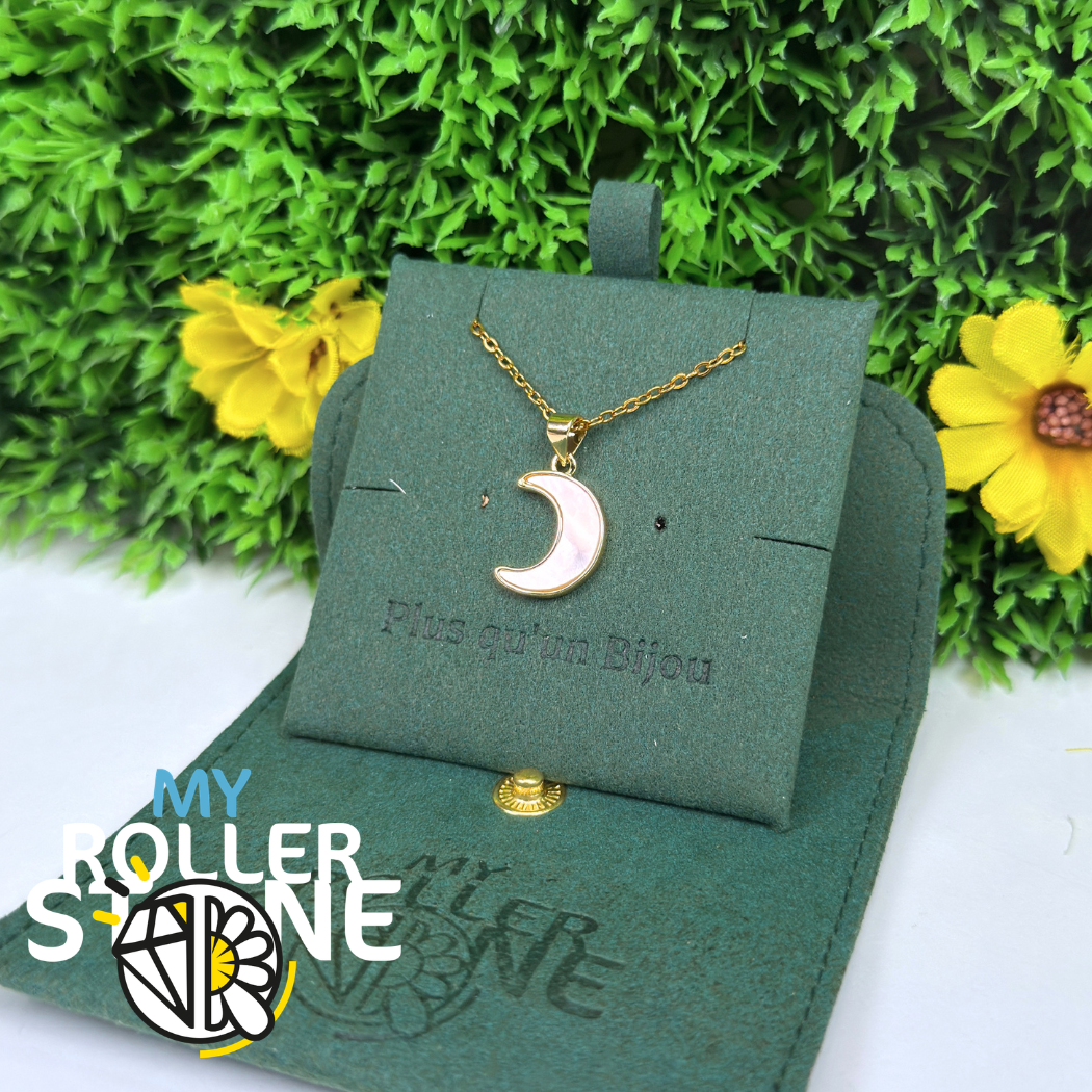 Pendentif Lune serti doré Nacre Blanche