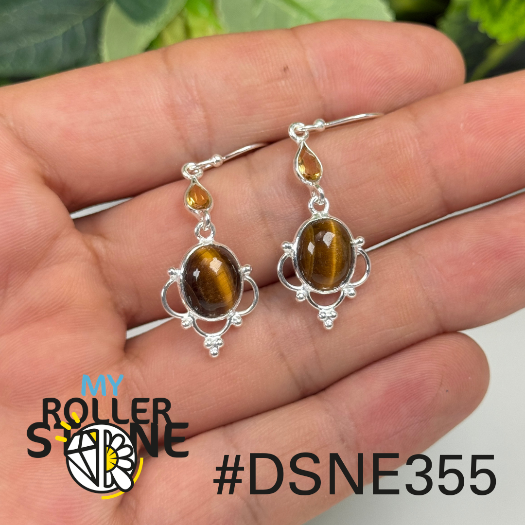 Boucles d’oreilles argent œil de tigre et citrine #E535