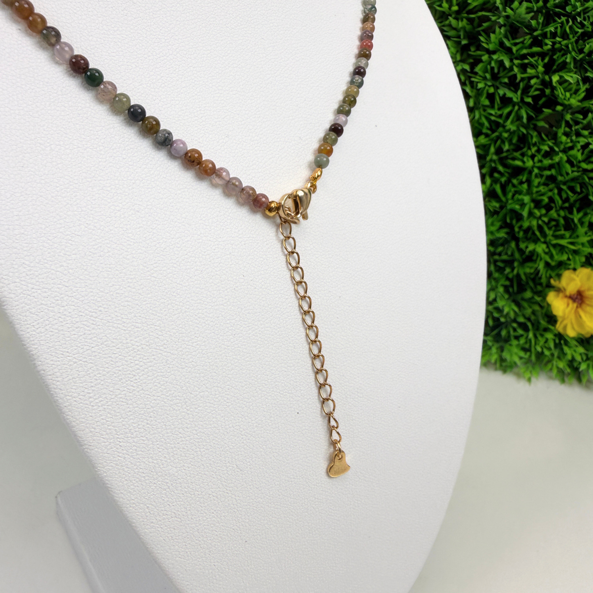 Collier Agate Indienne Naturelle – Perles Fines – Acier Inoxydable Doré