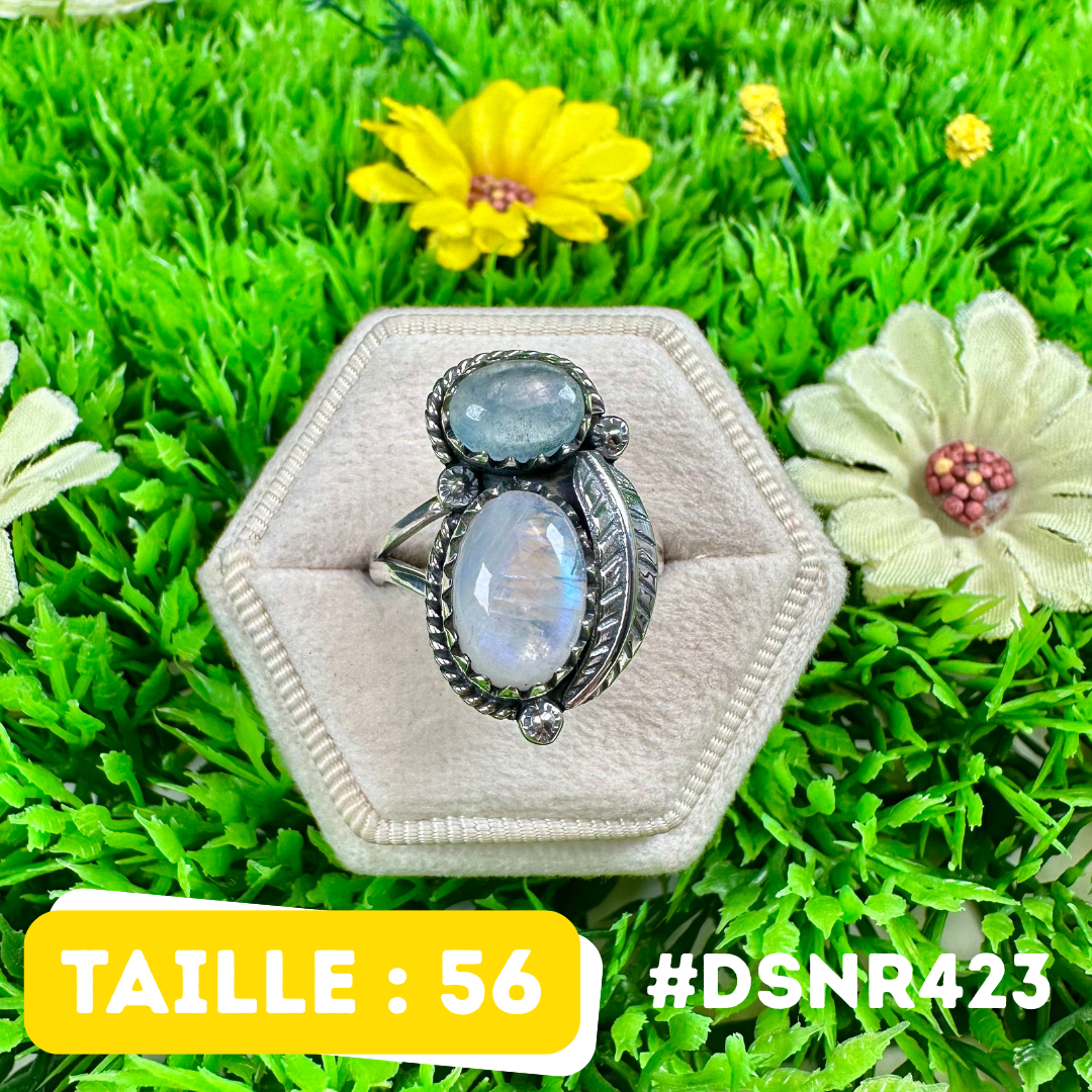 Bague Design Aigue-Marine et Pierre de Lune en Argent 925 #DSNR423