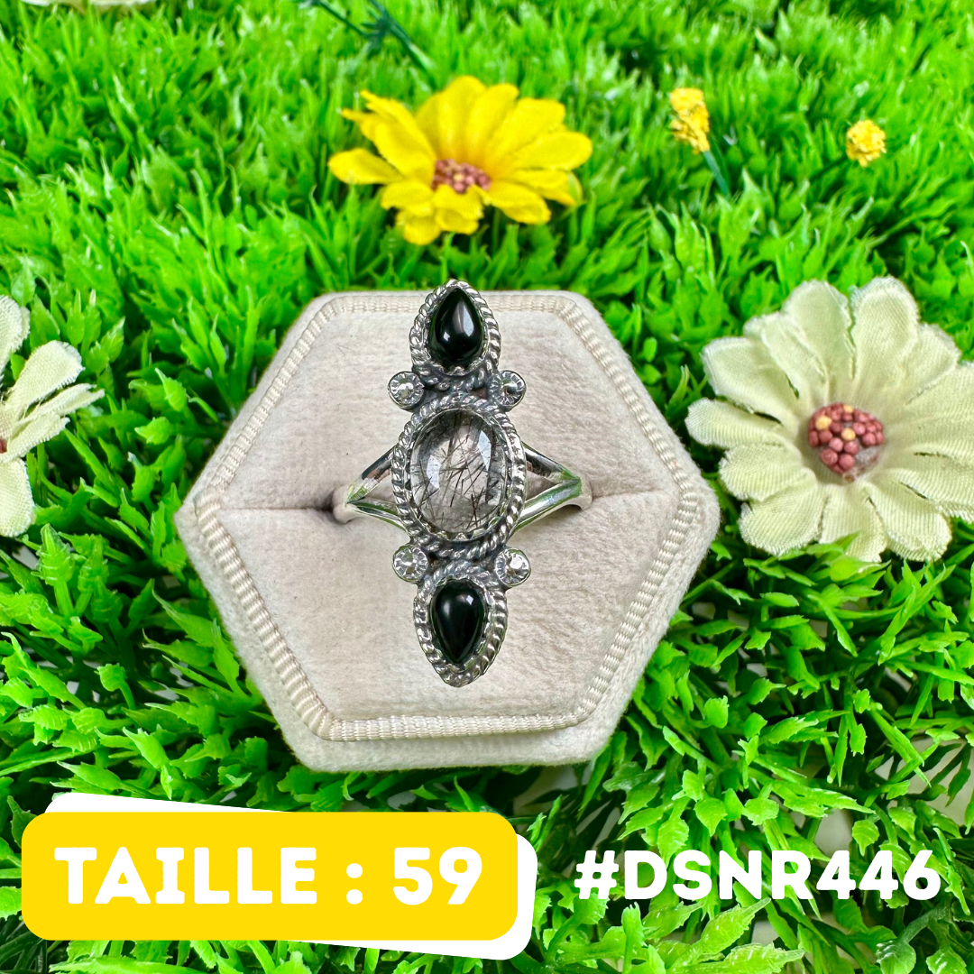 Bague Design Onyx Noir et Quartz Rutile en Argent 925 #DSNR446
