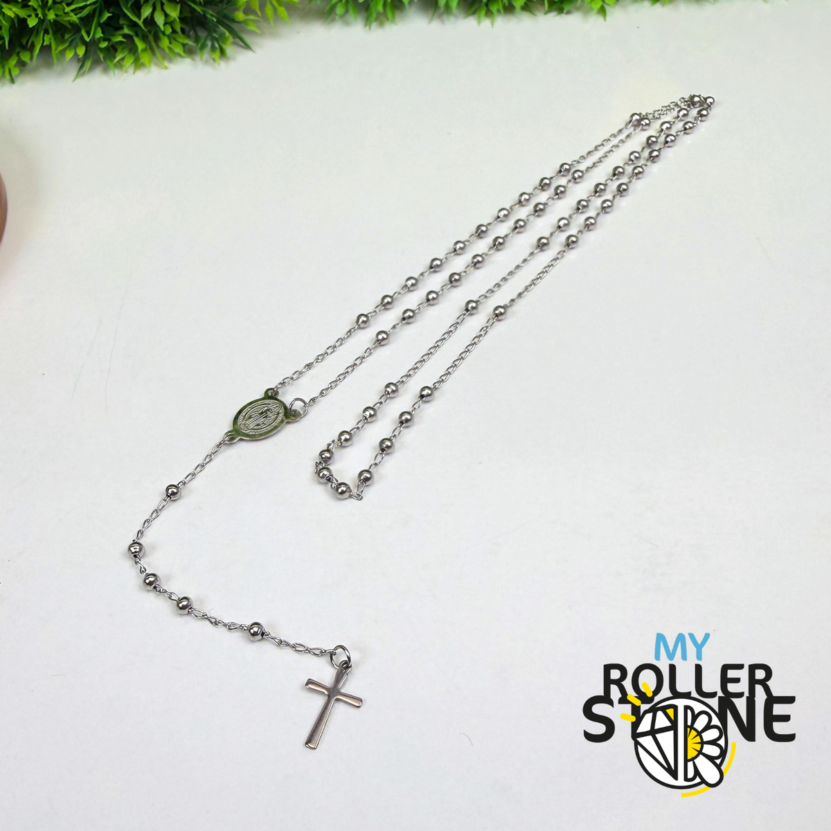 Chapelet de Prière Argenté – Croix & Médaille Vierge Marie – Acier Inoxydable 304