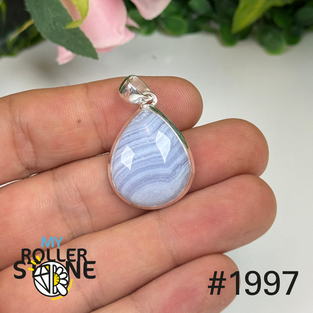 Pendentif argent agate dentelle bleue #1997