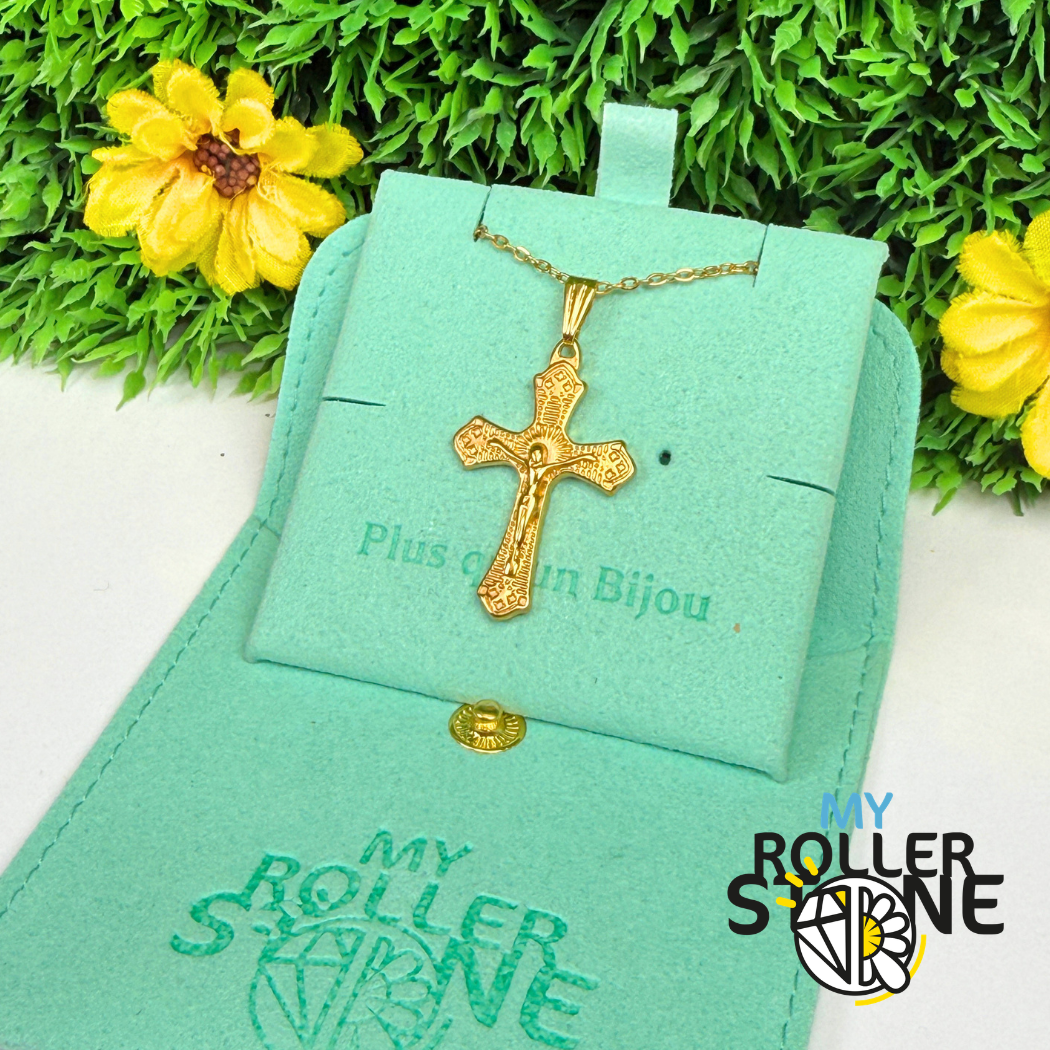 Pendentif Croix Jésus Doré Acier