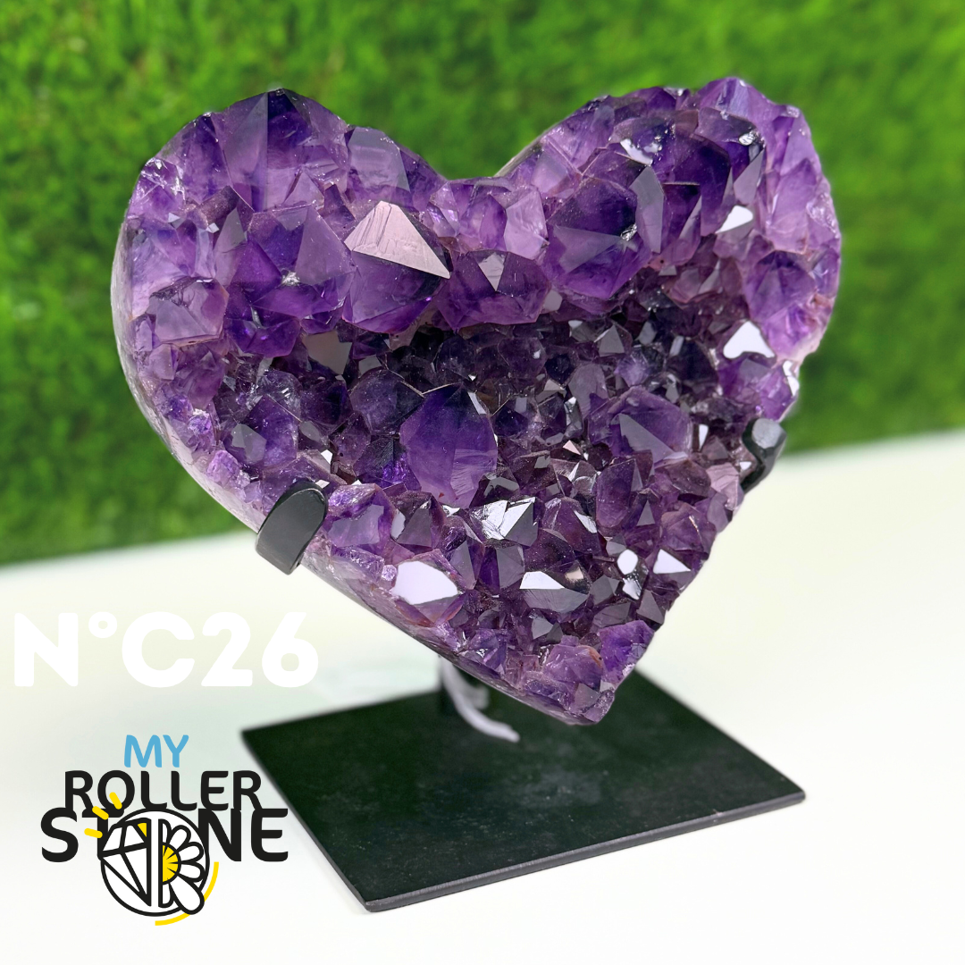 Coeur Améthyste sur support métal noir #C26