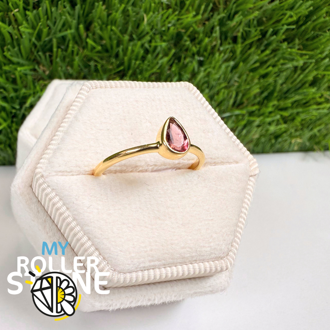 Bague Argent plaqué Or 18K Tourmaline Rose Goutte facettée (R819G)