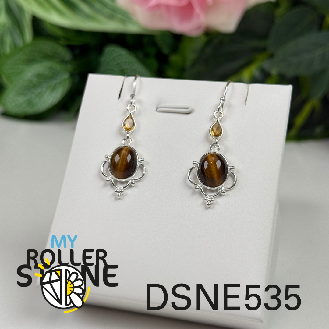 Boucles d’oreilles argent œil de tigre et citrine #E535