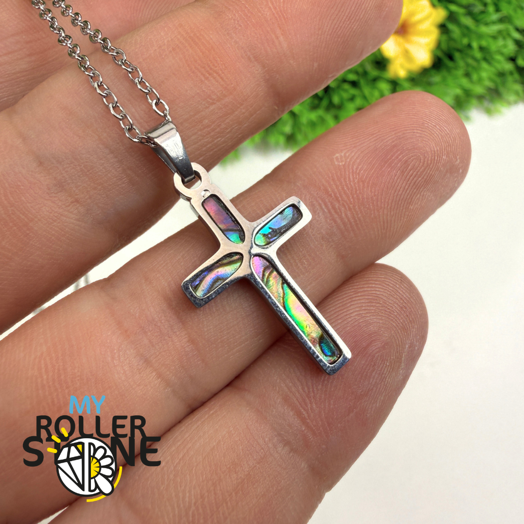 Collier Croix Abalone en Acier Inoxydable