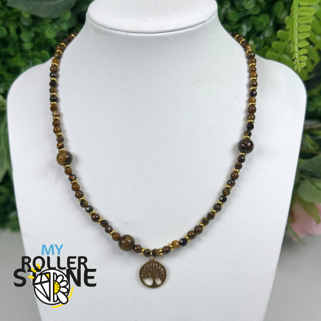 Collier Arbre de Vie en Œil de Tigre Naturel et Acier Inoxydable 304 Doré