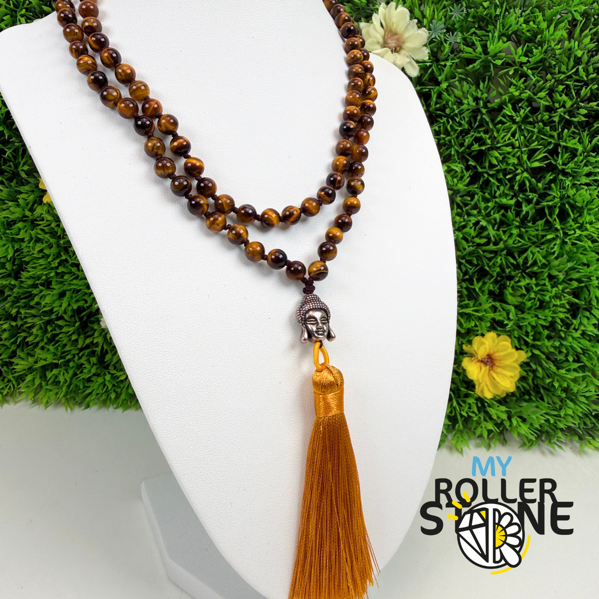 Collier Mala Œil de Tigre Naturel – Tête de Bouddha – Pompon