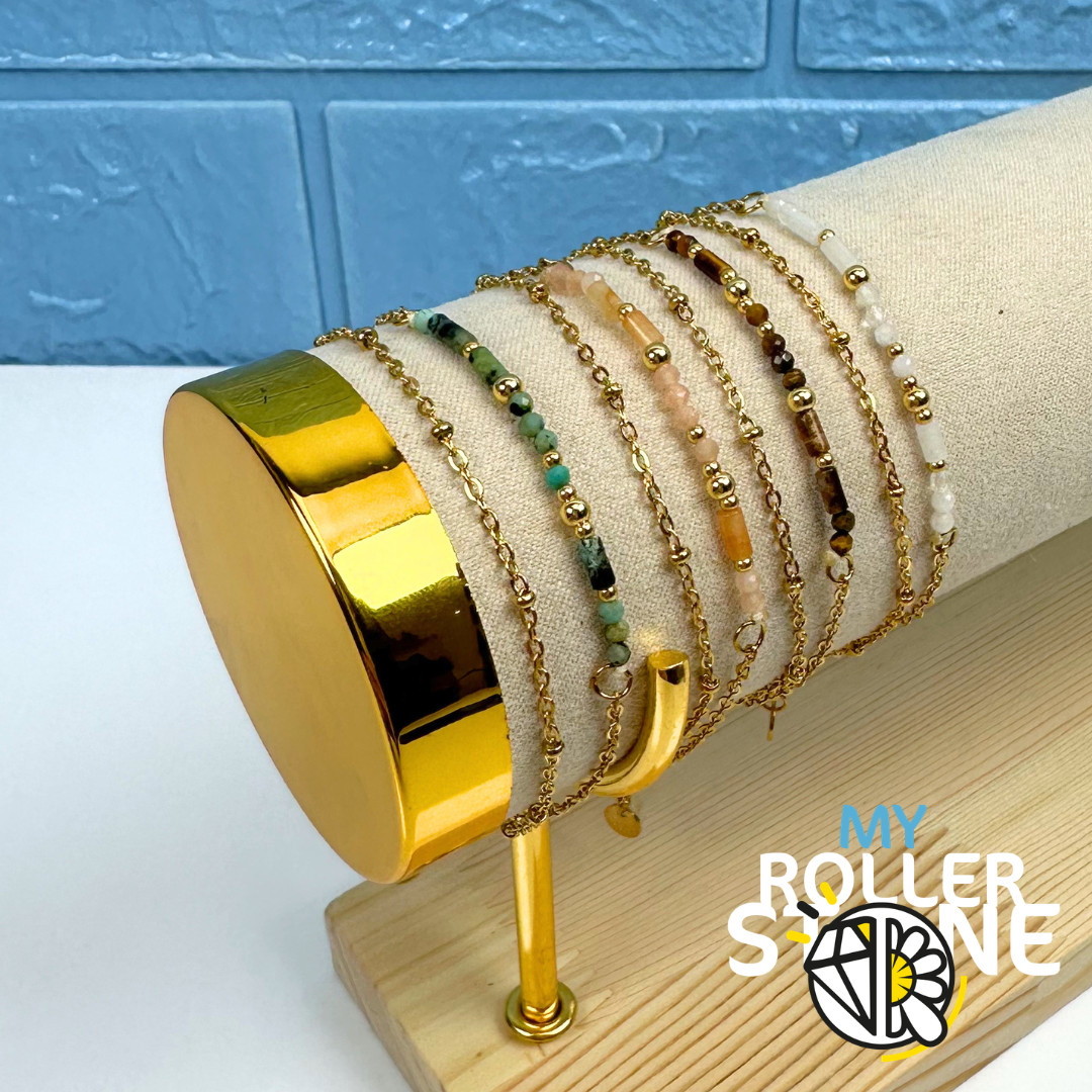 Bracelet acier inoxydable pierres naturelles doubles rangs