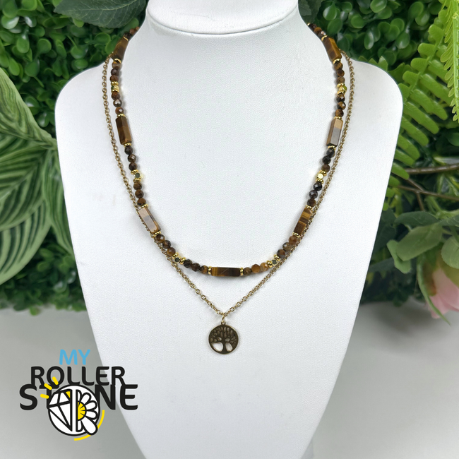 Collier Double Rang Arbre de Vie en Œil de Tigre Naturel et Acier Inoxydable 304 Doré