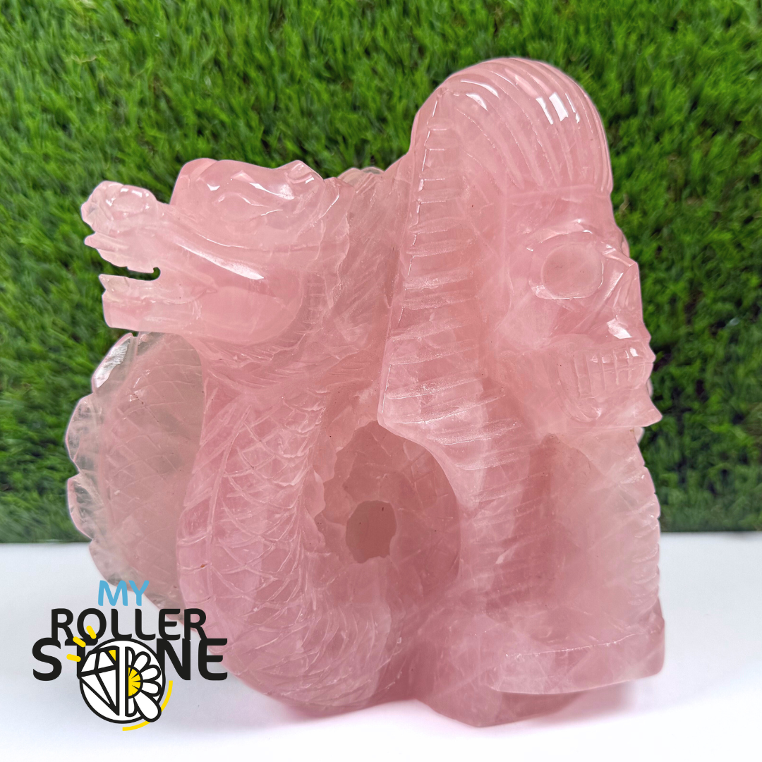 Sculpture en Quartz rose Tete de Pharaon et Dragon