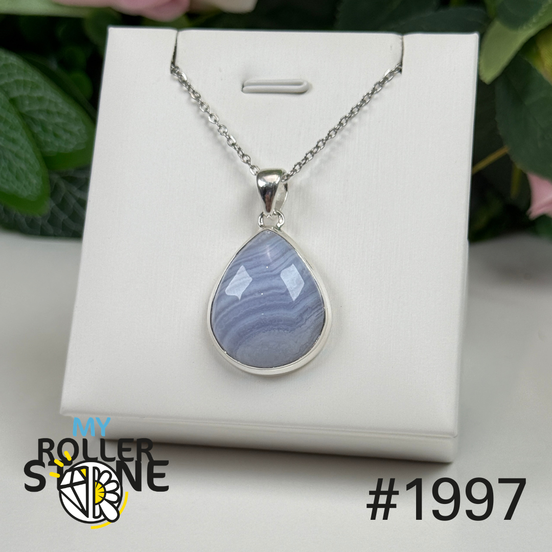 Pendentif argent agate dentelle bleue #1997