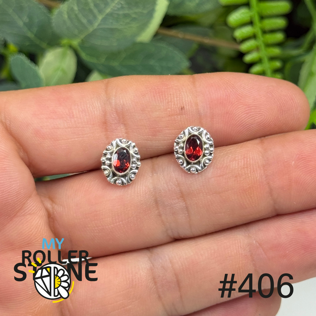 Boucles d’oreilles puces argent grenat facetté #S406