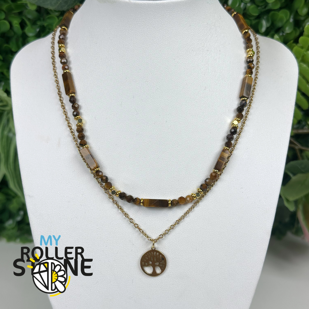 Collier Double Rang Arbre de Vie en Œil de Tigre Naturel et Acier Inoxydable 304 Doré